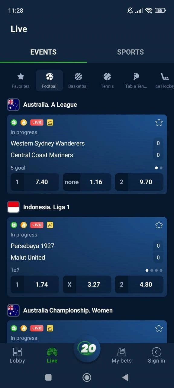 Screenshot delle scommesse dell'App 20bet